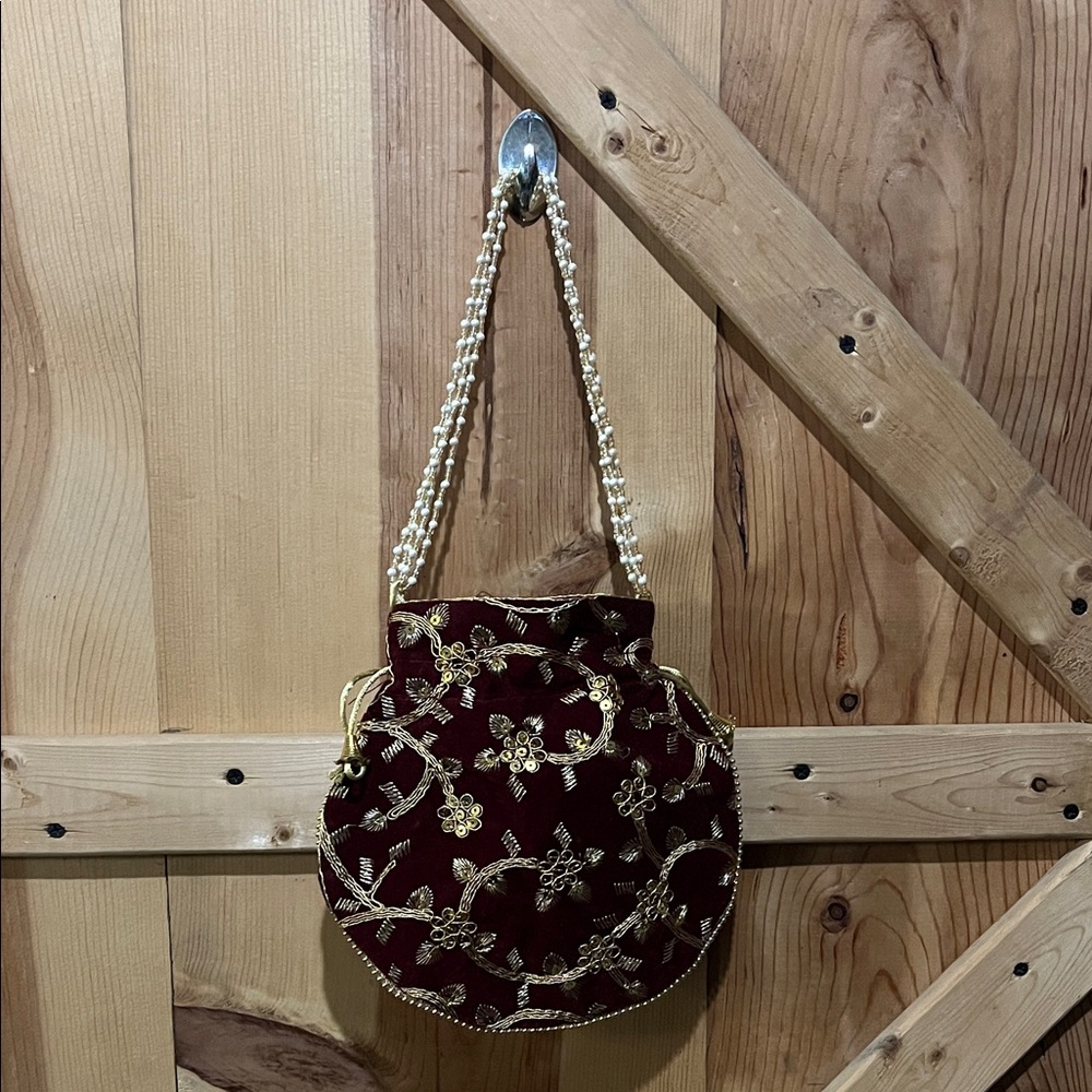 Elegant Burgundy and Gold Embellished Women's Bag